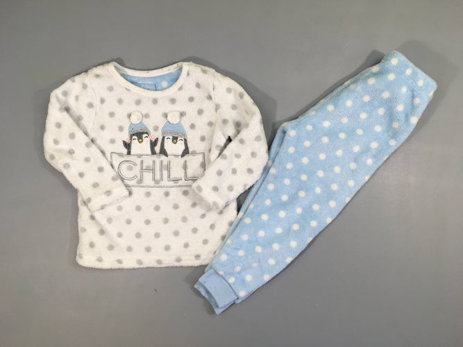 Pyjama 2pcs velours blanc-pois bleu Pingouins pompons, moins cher chez Petit Kiwi