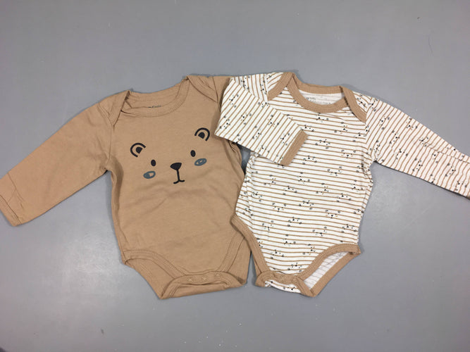 2 Bodies m.l blanc rayé beige/beigetêtes d'ours, moins cher chez Petit Kiwi