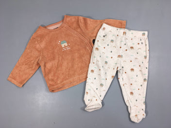 Pyjama 2pcs velours saumon foncé maison + Pantalon blanc cassé