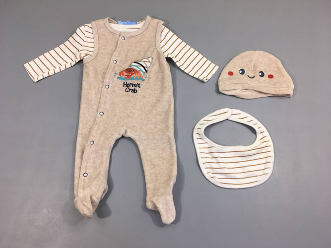 Pyjama velours beige s.m + T-shirt m.l blancrayé brun + Bavoir + Bonnet velours, moins cher chez Petit Kiwi