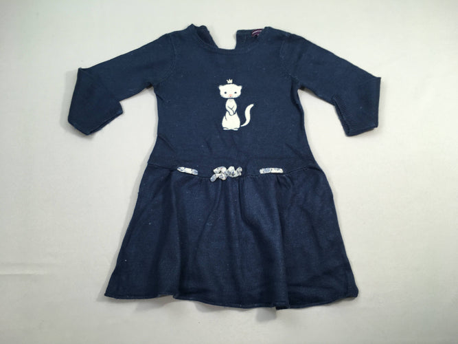 Robe m.l pull bleu foncé chat strass; 9% laine, moins cher chez Petit Kiwi