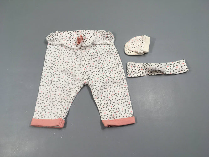 Pantalon jersey blanc coeurs + moufles + bandeau, moins cher chez Petit Kiwi