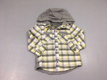 Chemise m.l à carreaux blanc/gris/jaune chien dos en jersey à capuche