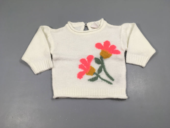 Pull blanc fleurs, moins cher chez Petit Kiwi