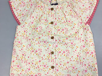 Neuf-Blouse m.c coton blanc cassé fleurs roses