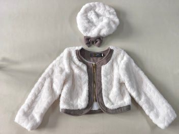 Gilet zippé fausse fourrure blanc/taupe + béret