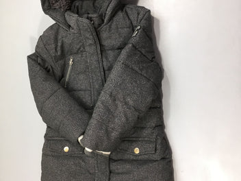 Veste ouatinée grise à capuche, plumes et duvet, couture à refaire au col