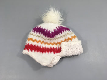 Bonnet maille blanc rayé multicolore pompom doublé moutonné