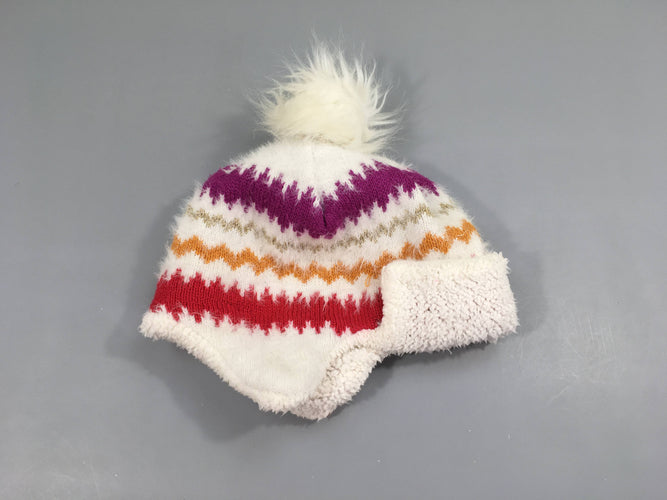 Bonnet maille blanc rayé multicolore pompom doublé moutonné, moins cher chez Petit Kiwi