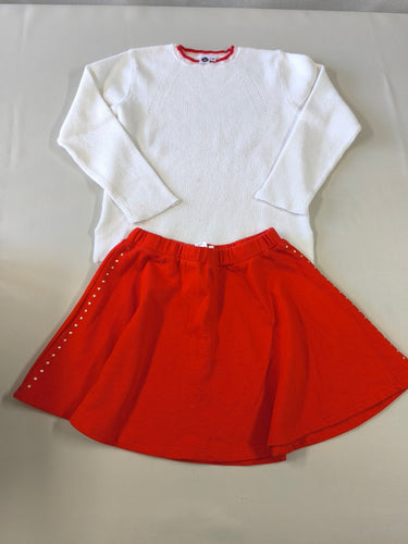 Pull fines mailles blanc col rouge + Jupe molleton rouge, moins cher chez Petit Kiwi