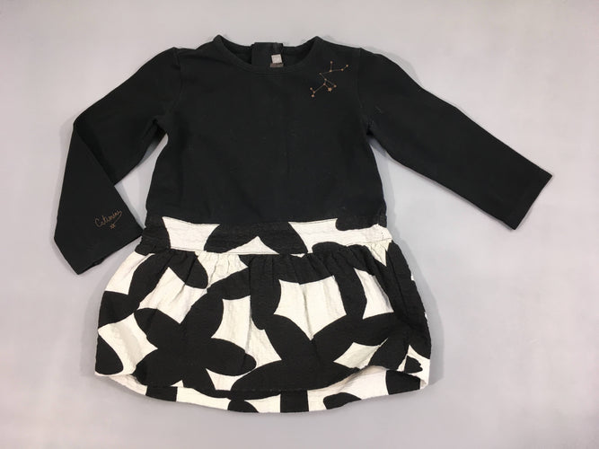 Robe m.l bi-matière jersey noir, bas motifs blanc/noir, moins cher chez Petit Kiwi