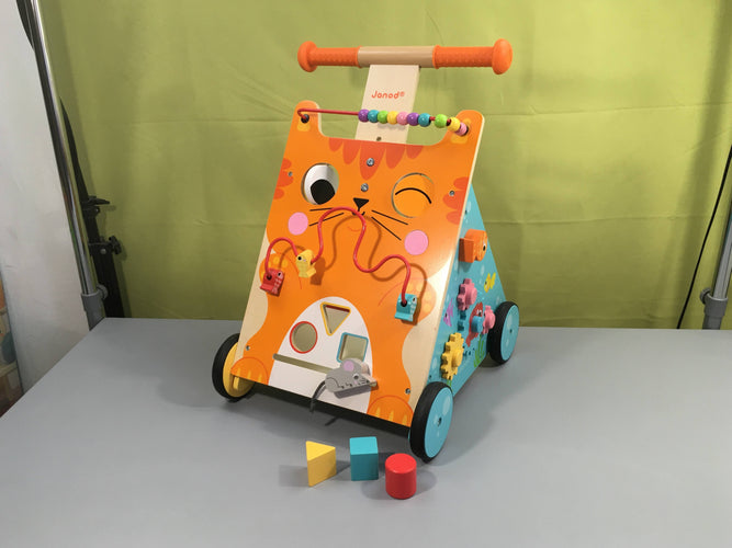 Très bon état, chariot de marche multi-activités en bois chat orange, 3 formes, moins cher chez Petit Kiwi