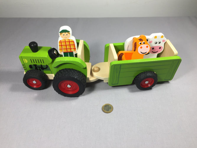 Tracteur en bois avec remorque - 2  animaux et un fermier, moins cher chez Petit Kiwi