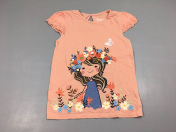 T-shirt m.c rose flammé fille fleurs dentelle manches