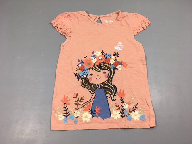 T-shirt m.c rose flammé fille fleurs dentelle manches, moins cher chez Petit Kiwi