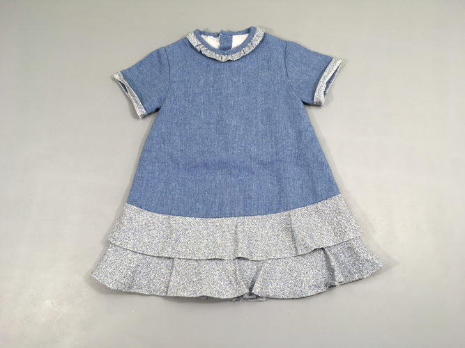 Robe m.c tweed bleue 55%laine col/bords jersey fleuri, moins cher chez Petit Kiwi