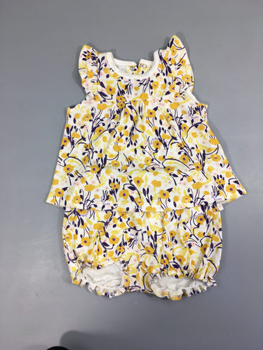 Robe jersey m.c volants imprimé blanc/ocre/mauve + bloomer, moins cher chez Petit Kiwi