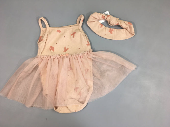 Robe fines bretelles rose oiseaux/tulle body intégré + bandeau, moins cher chez Petit Kiwi