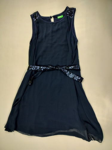 Robe s.m bleu marine en voile doublée , bretelles et ceinture en sequins  (pas de taille indiquée estimée 11ans), moins cher chez Petit Kiwi
