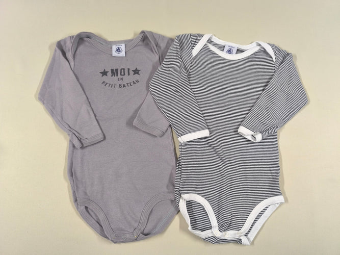 2 bodies m.l rayé blanc-gris foncé/gris "Moi en petit bateau", moins cher chez Petit Kiwi