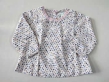 Blouse m.l beige à motifs ovales bleus/gris/roses/bruns boutons sur l'arrière