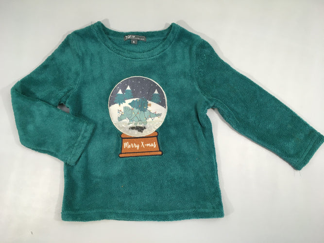 Pull velours vert Noël boule à neige, moins cher chez Petit Kiwi