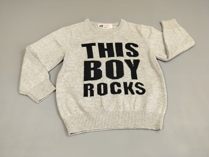 Pull gris clair chiné inscriptions noires "This boy rocks", moins cher chez Petit Kiwi