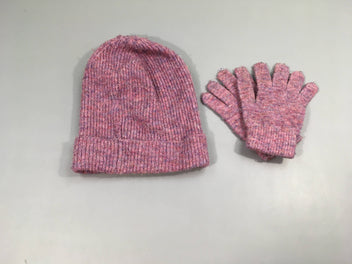 Bonnet mauve rose chiné 55cm + Gants