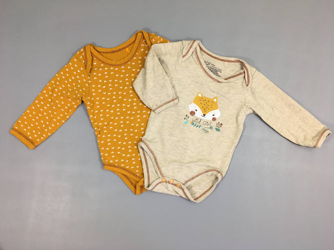 Lot de 2 bodies m.l beige flammé renard/jaune coeurs, moins cher chez Petit Kiwi