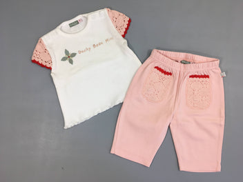 T-shirt m.c blanc ducky beau mini, manches crochet + pantalon jersey rose crochet