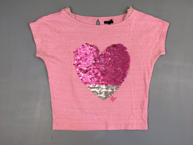 T-shirt m.c rose chiné coeur sequins, légèrement bouloché, moins cher chez Petit Kiwi