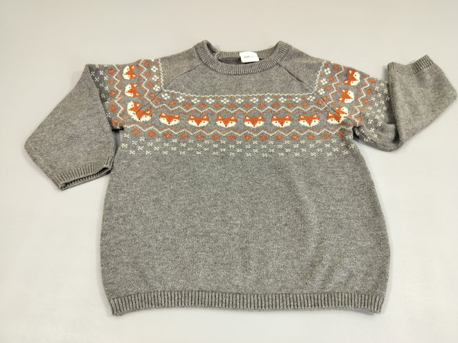 Pull gris, têtes de renards, moins cher chez Petit Kiwi