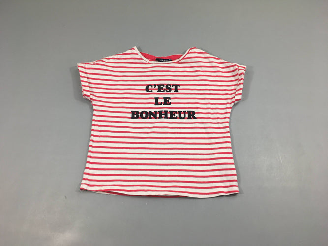 T-shirt m.c blanc ligné rose et argent , c'est le bonheur, moins cher chez Petit Kiwi