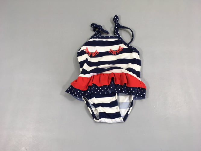 Maillot blanc rayé bleu volant rouge cils, moins cher chez Petit Kiwi