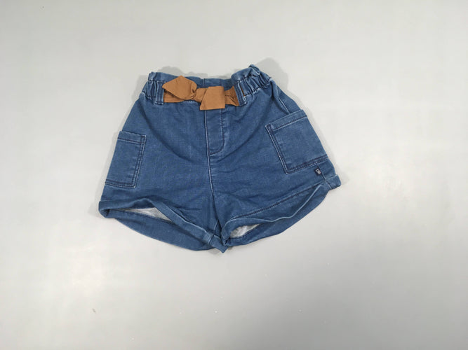 Short jeans avec rebord, taille élastique avec noeud brun, moins cher chez Petit Kiwi