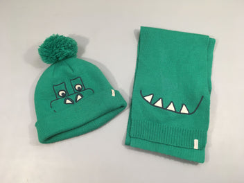 Bonnet + echarpe vert singe pompom