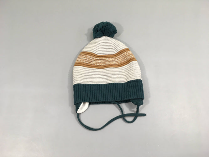 Bonnet mailles gris-ocre-vert pompon doublé polar, moins cher chez Petit Kiwi