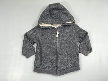 Sweat zippé à capuche gris chiné doublé peluche buste et capuche-Bouloché