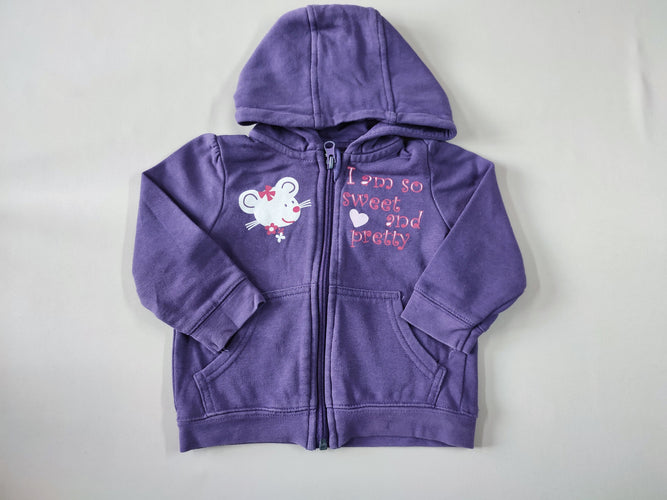 Sweat zippé à capuche mauve souris "I am so sweet and pretty", moins cher chez Petit Kiwi