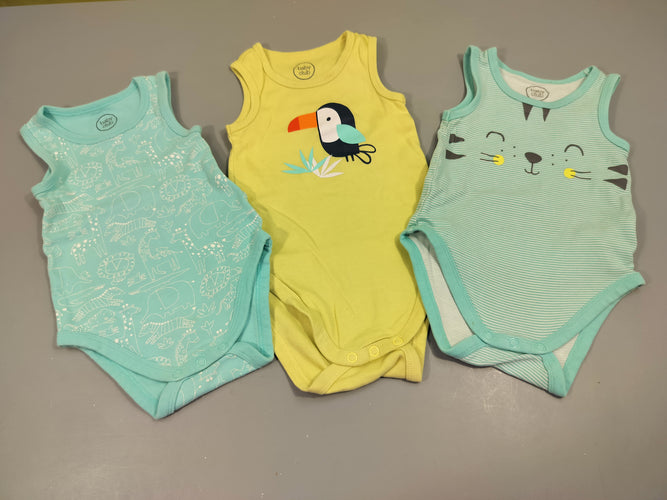 Lot de 3 bodies s.m 1 rayé bleu et blanc tête de chat/1 jaune toucan/ 1 bleu motifs blancs animaux 100% coton, moins cher chez Petit Kiwi