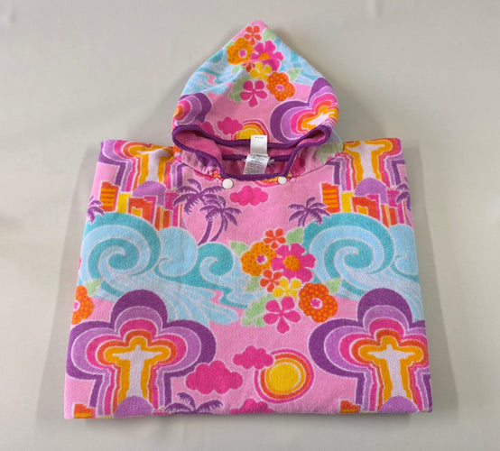 Poncho de bain motifs floraux palmiers vagues rose/mauve/turquoise/orange/blanc, moins cher chez Petit Kiwi