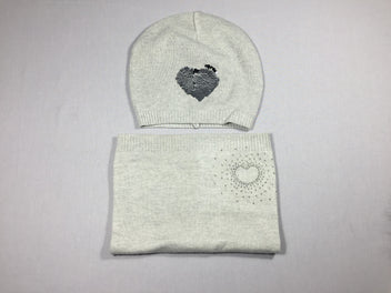 Bonnet gris fin coeur en sequins réversibles + col  gris fin - coeur en strass