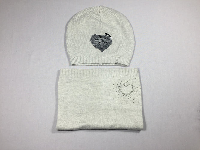 Bonnet gris fin coeur en sequins réversibles + col  gris fin - coeur en strass, moins cher chez Petit Kiwi