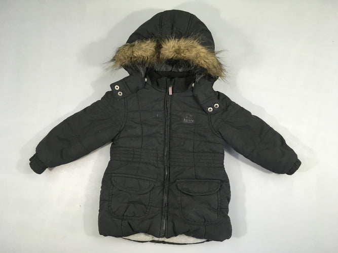 Veste zippée ouatinée noire à capuche amovible fausse fourrure, doublé polar, moins cher chez Petit Kiwi