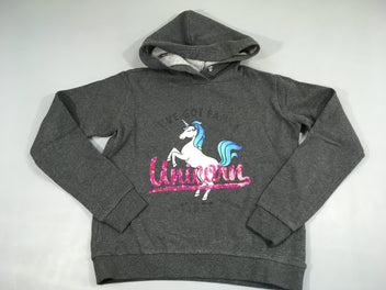 Sweat gris foncé chiné à capuche licorne sequins Bouloché