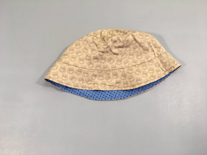 Chapeau réversible beige hiboux/bleu pois, moins cher chez Petit Kiwi