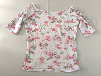 T-shirt m.c ajouré aux épaules blanc à fleurs, Bershka, XS