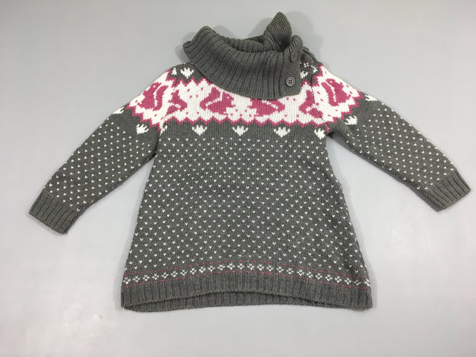 Robe pull m.l gris à motifs col châle, légèrement boulochée, moins cher chez Petit Kiwi