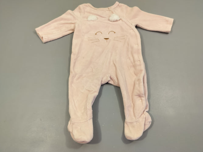 Pyjama velours rose clair, tête de chat 76% coton 24% polyester, moins cher chez Petit Kiwi