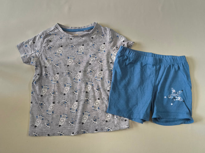 Pyjashort 2pcs jersey gris chiné fusées/short bleu, PocoPiano, moins cher chez Petit Kiwi